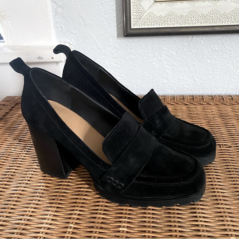 Black Suede Loafer with Chunky Heels